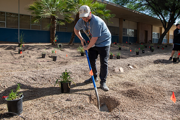A man digs a hole in the garden